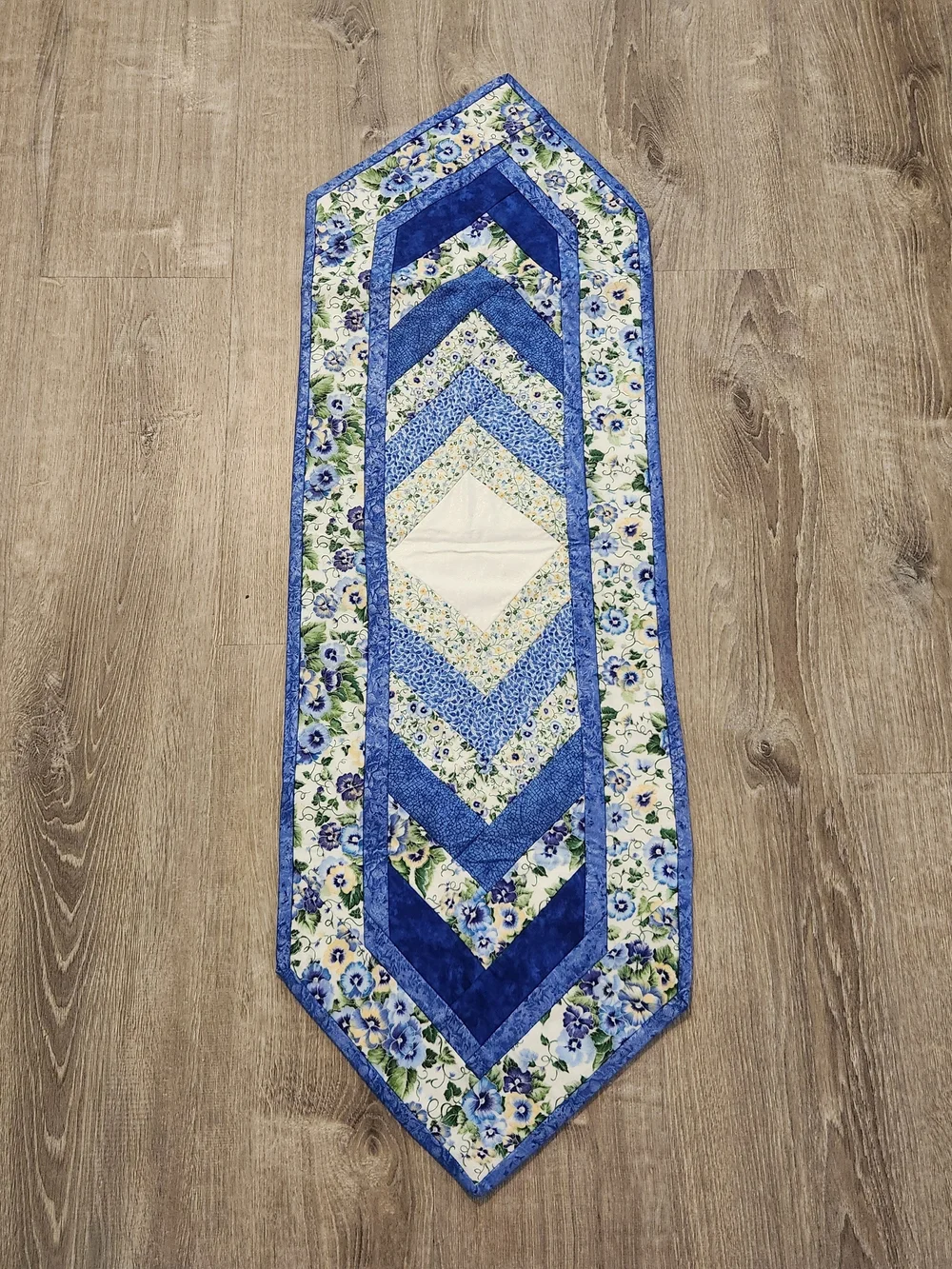 Handcrafted Blue & White Floral Quilted Reversible Table Runner with Pansies